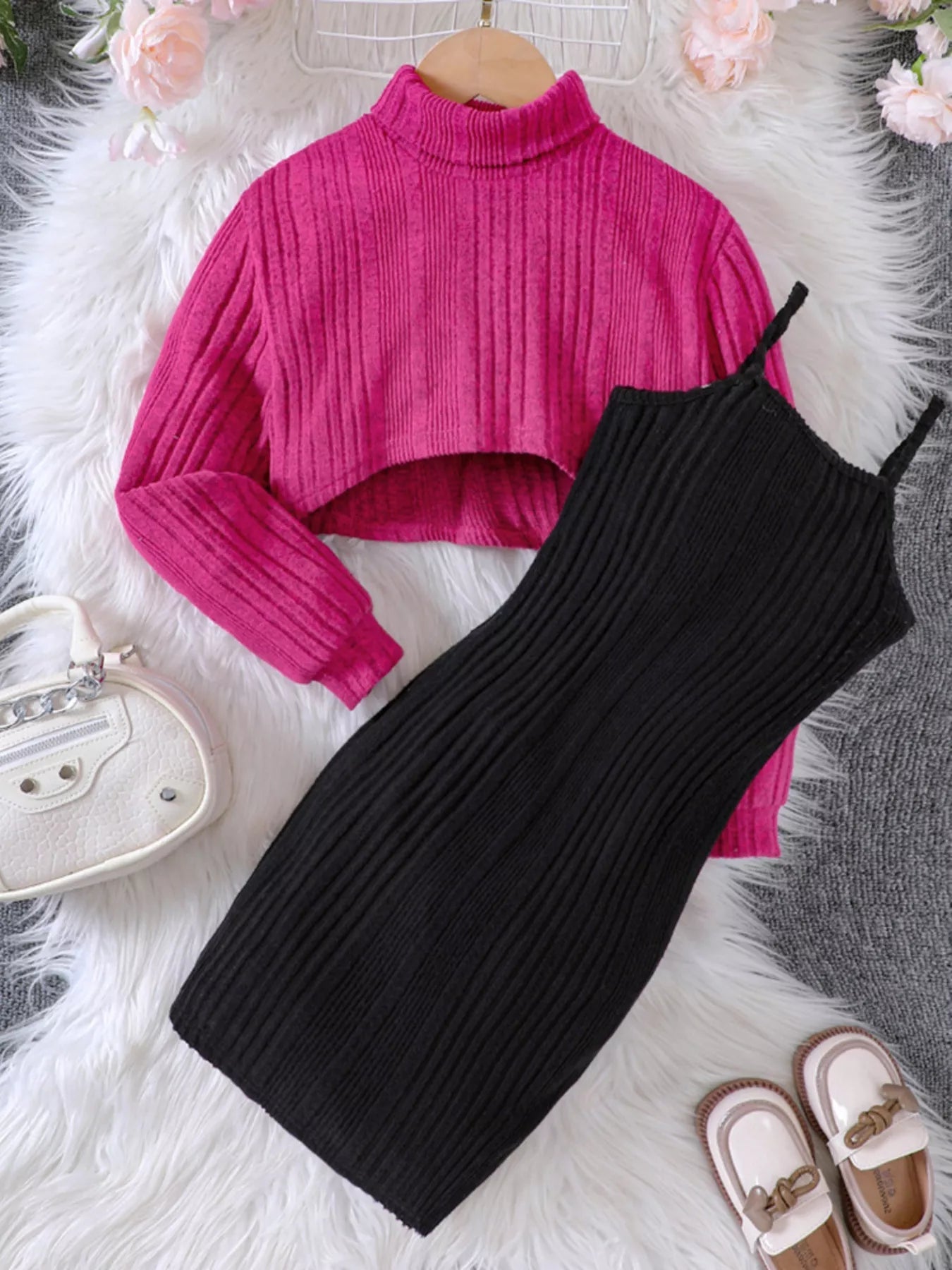 Children's Ribbed Knit Two-Tone Dress Set 