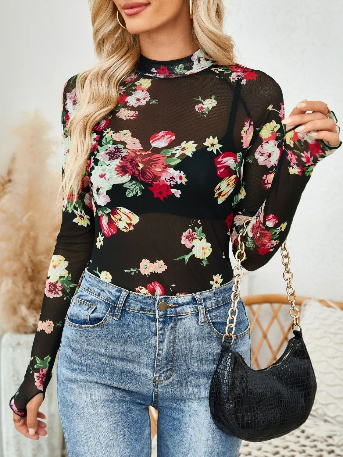 Floral Mock Neck Long Sleeve Top 