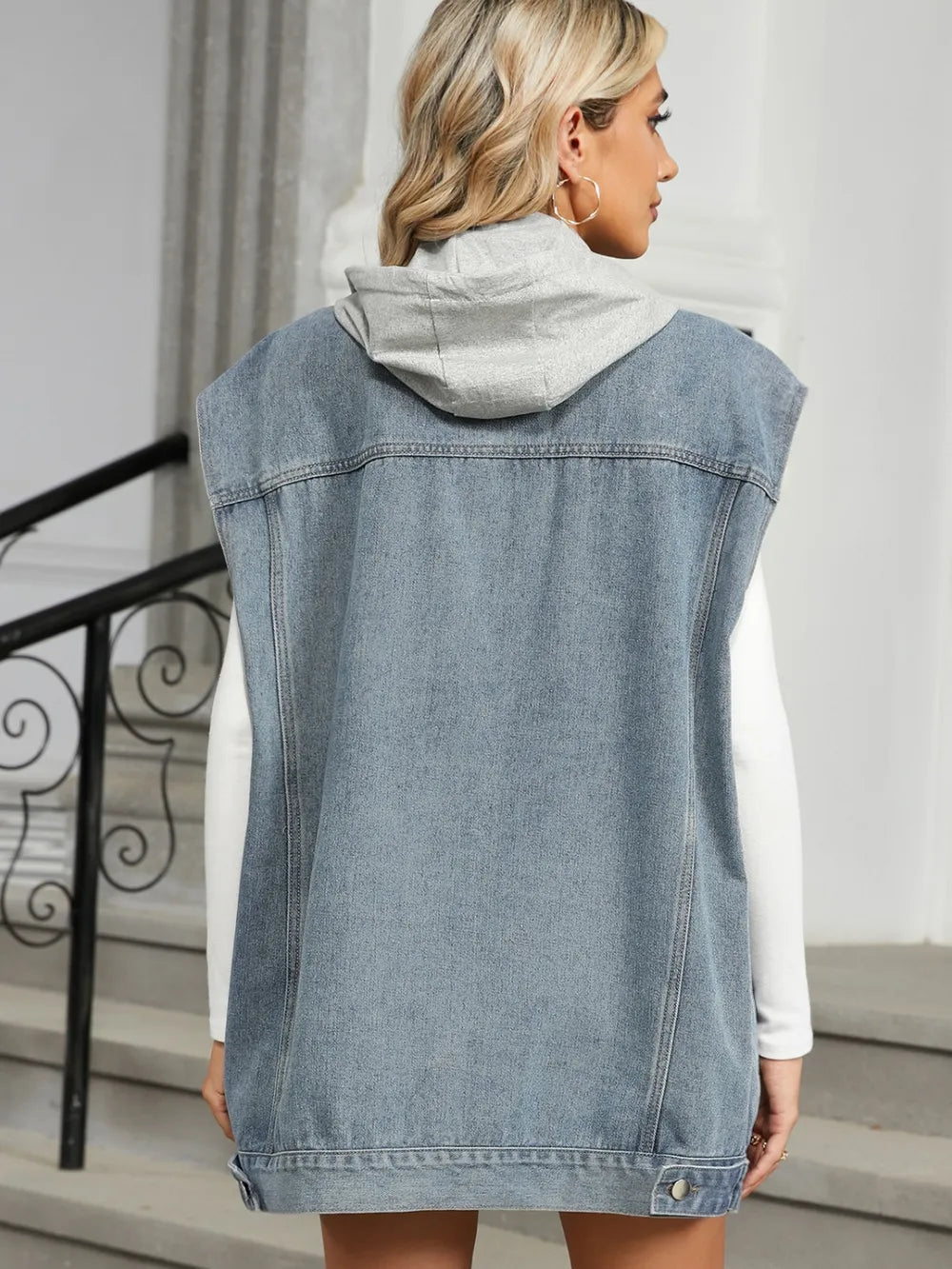 Removable Hood Button Up Cap Sleeve Denim Jacket 