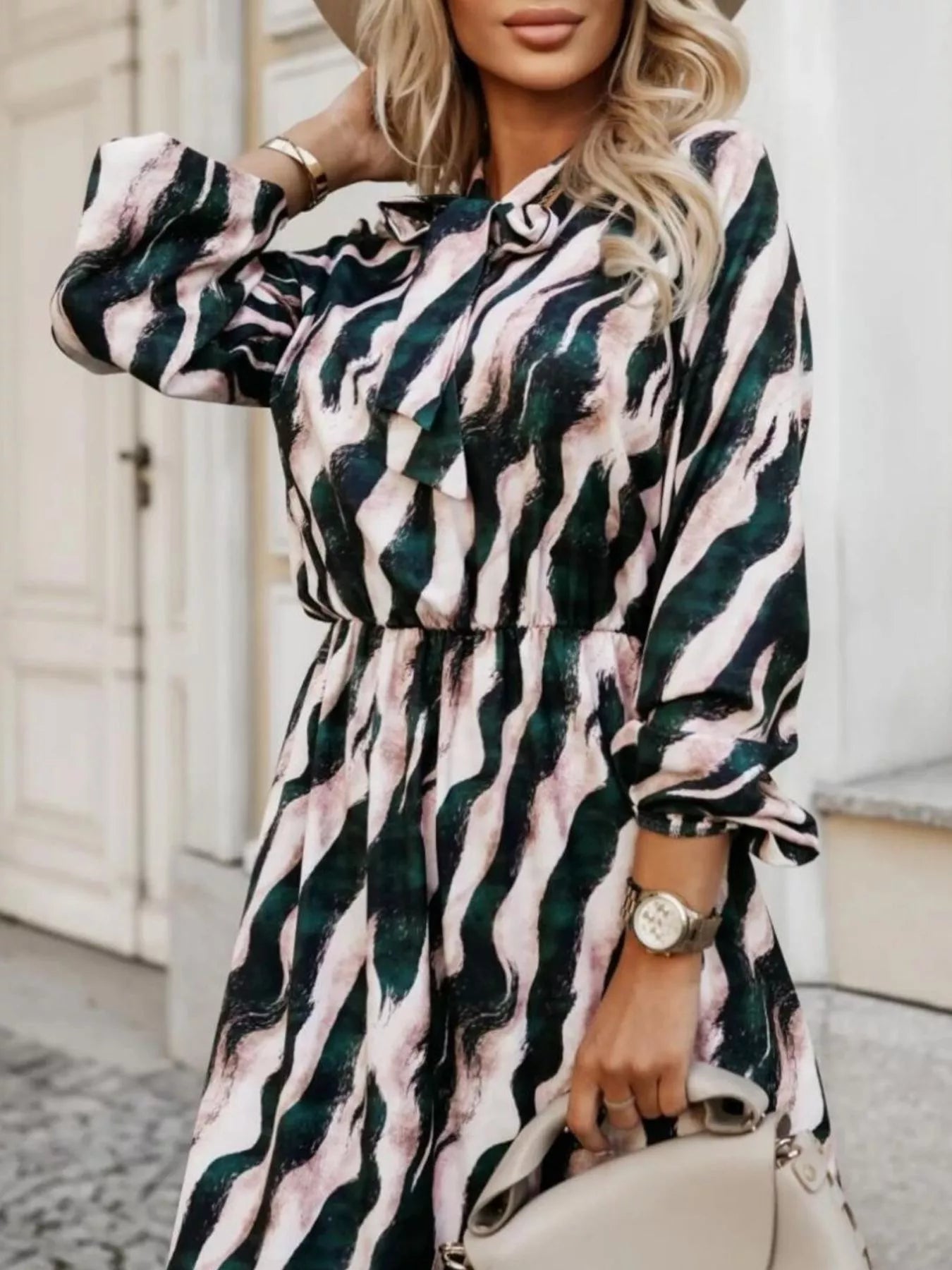 Ruffled Hem Striped Long Sleeve Dress 
