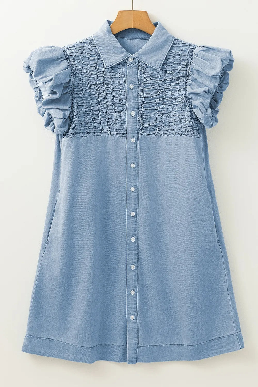 Smocked Collared Neck Cap Sleeve Denim Dress 