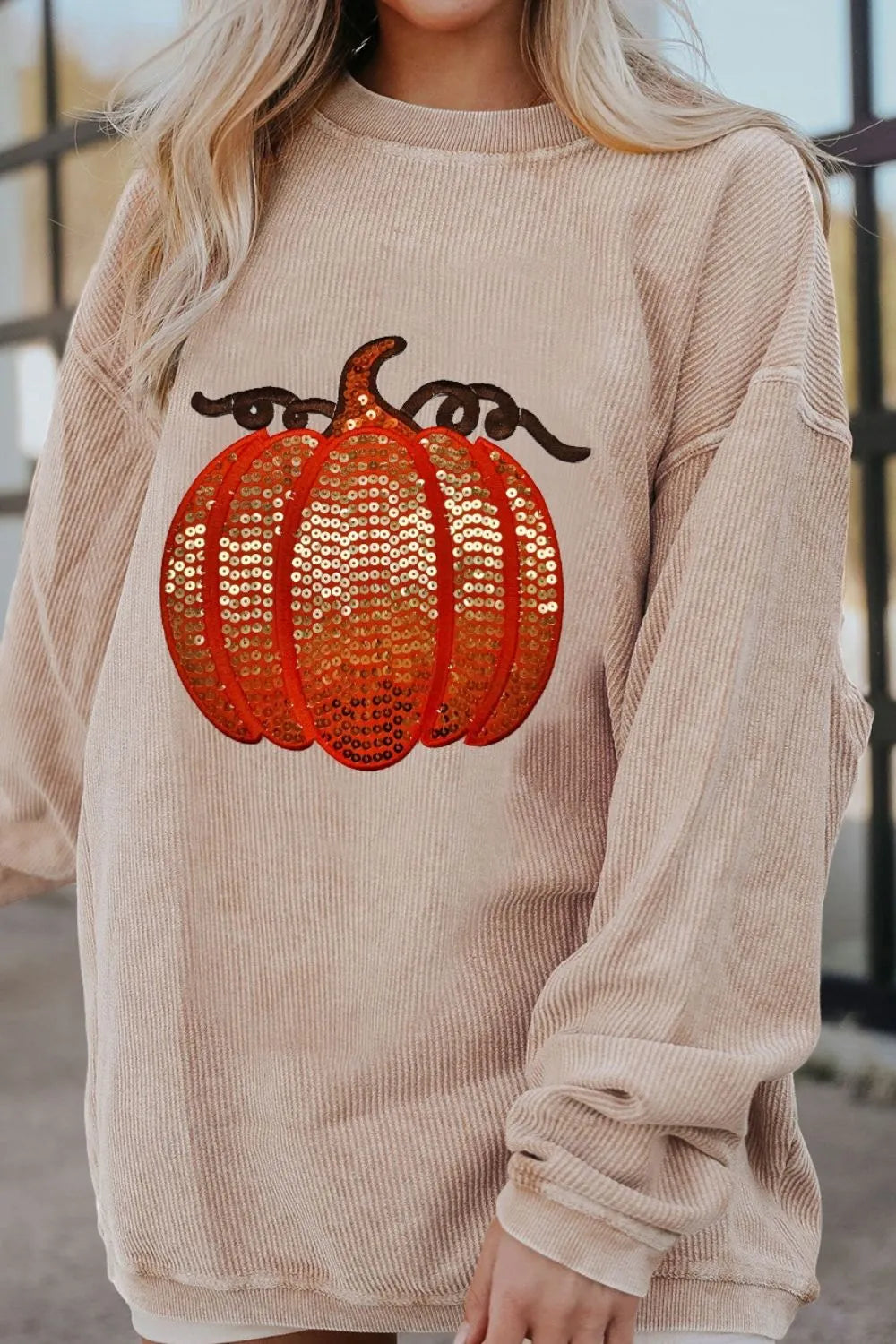 Sequin Pumpkin Round Neck Long Sleeve Sweatshirt 