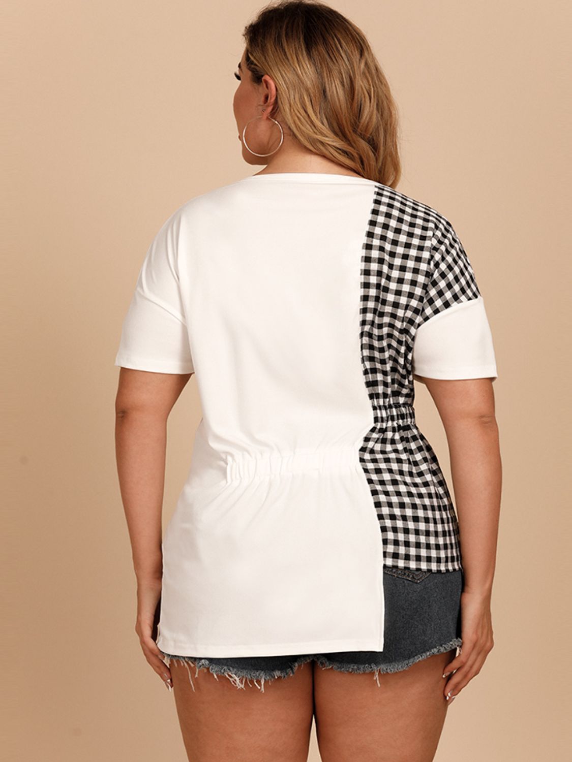 Plus Size Gingham Color Block Asymmetrical T-Shirt 