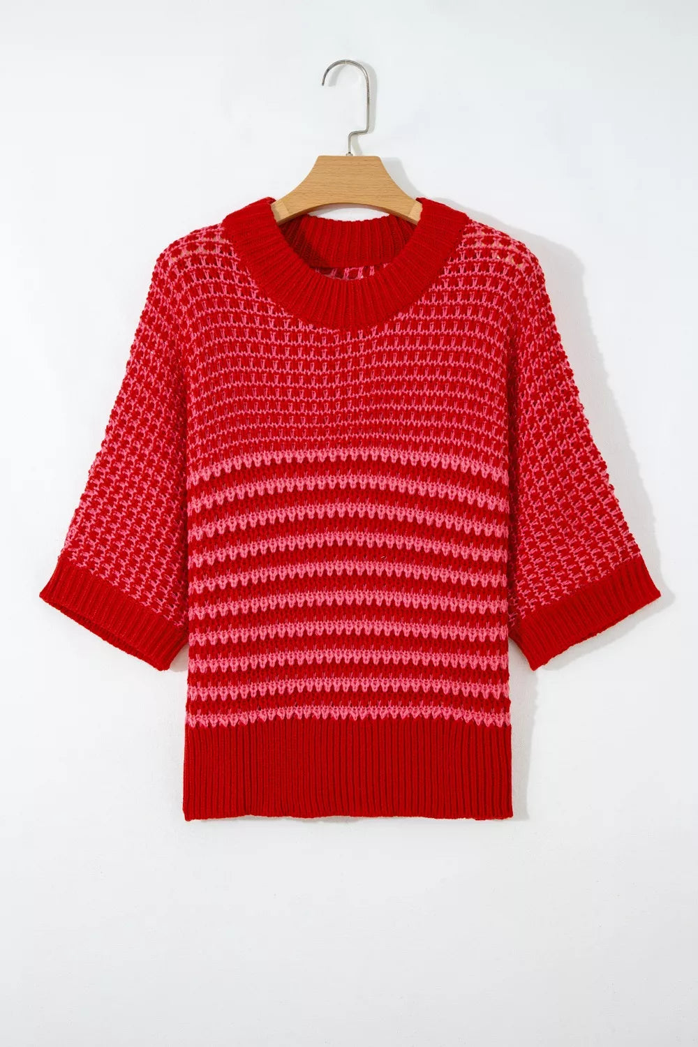 Stripe Wavy Crochet Eyelet Detail Ruffle Half Sleeve Sweater 