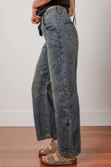 Exposed Stitching Loose Straight High Waist Jeans 