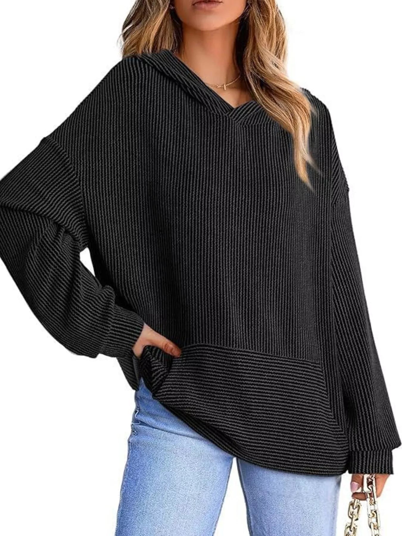 Ribbed Oversized Hoodie Sweatshirt with Pocket 