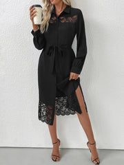 Lace Detail Button-Front Midi Shirt Dress 