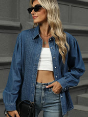 Button Down Collared Neck Long Sleeve Denim Top 