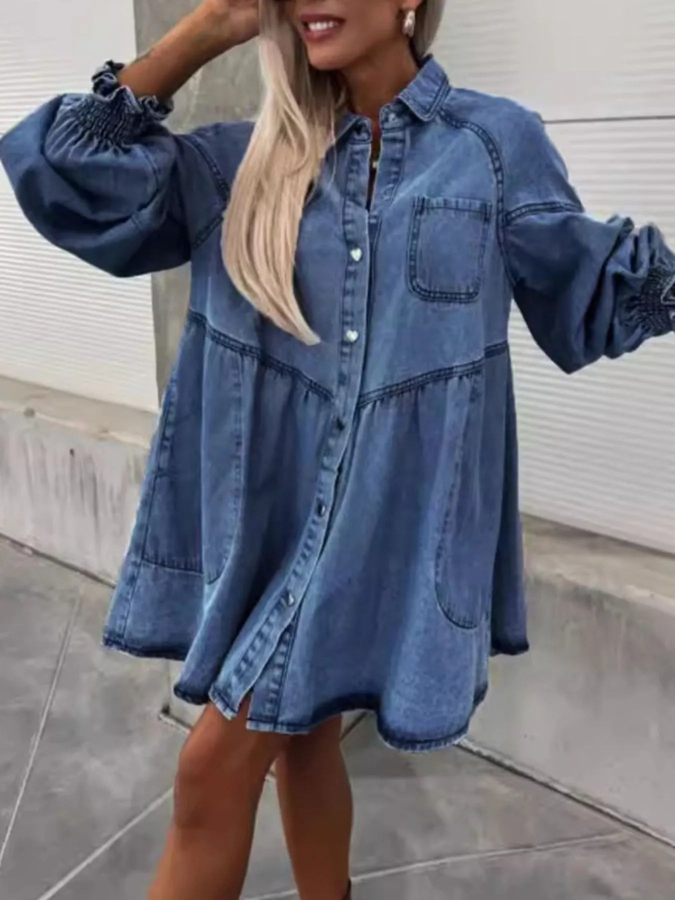 Oversized Long Sleeve Button-Up Denim Dress 