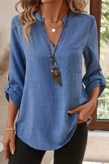 Casual Roll-Up Sleeve Notched Blouse 