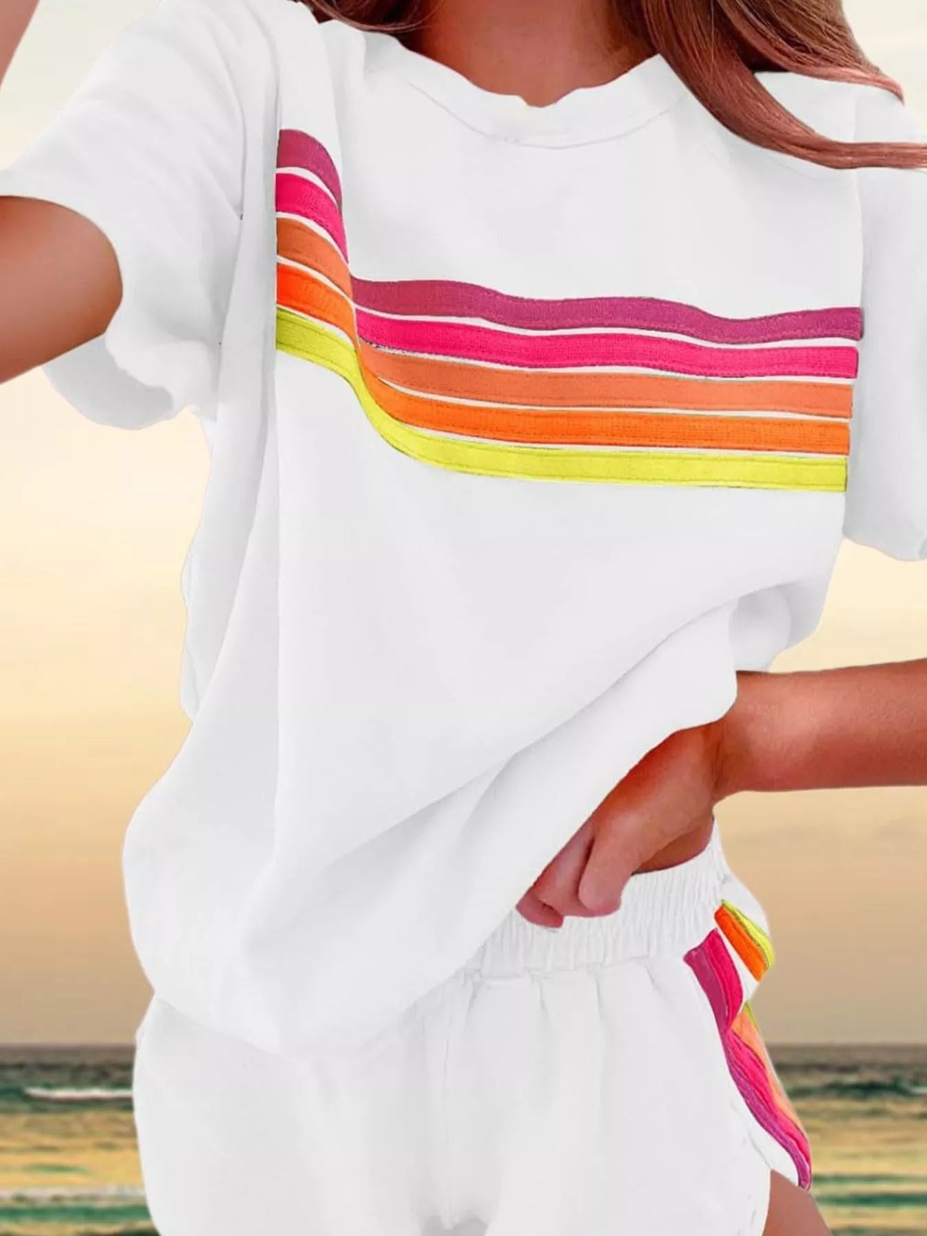 Rainbow Striped Round Neck Top and Shorts Set 