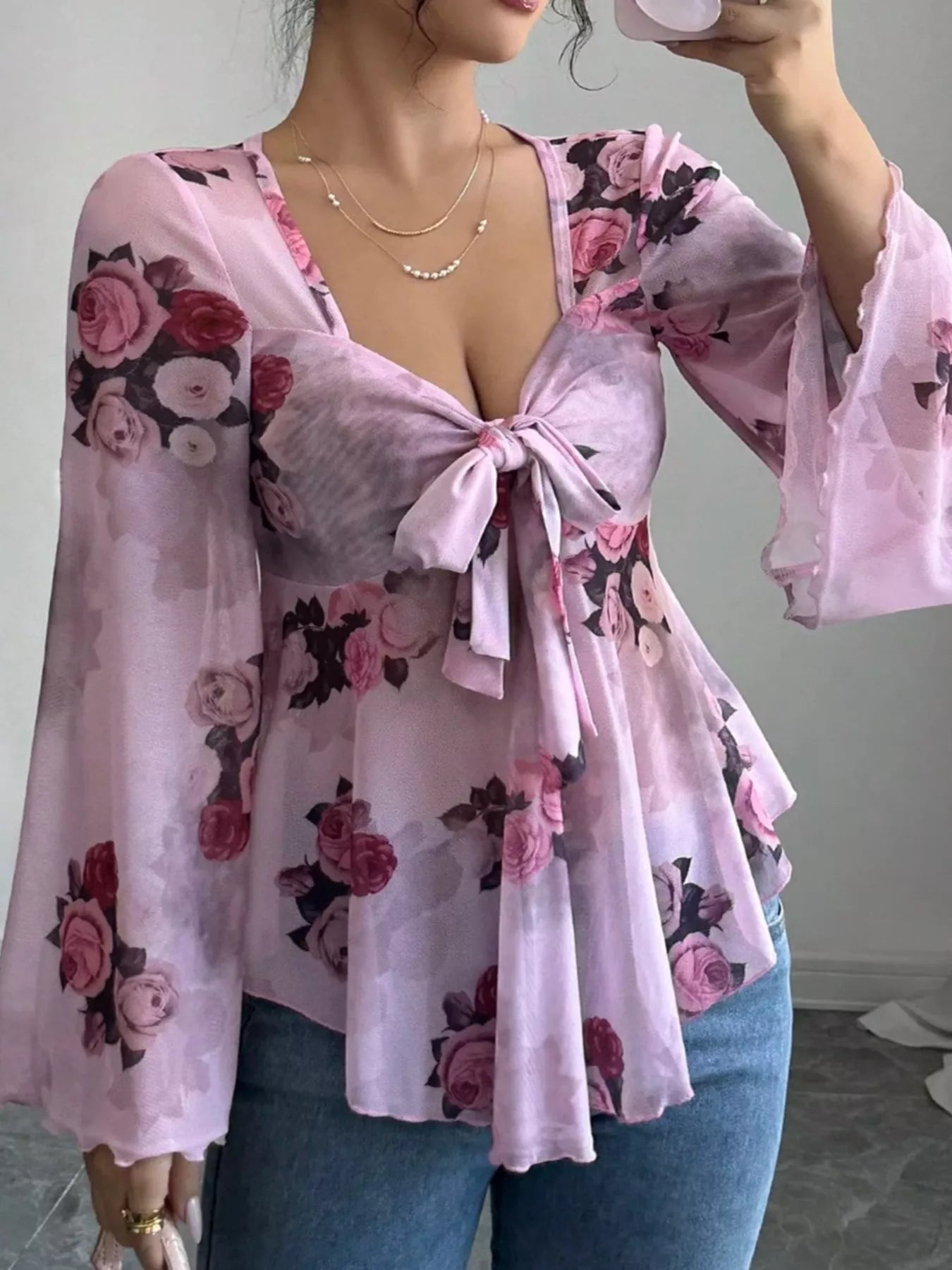 Floral Print Tie Front Flare Sleeve Blouse 