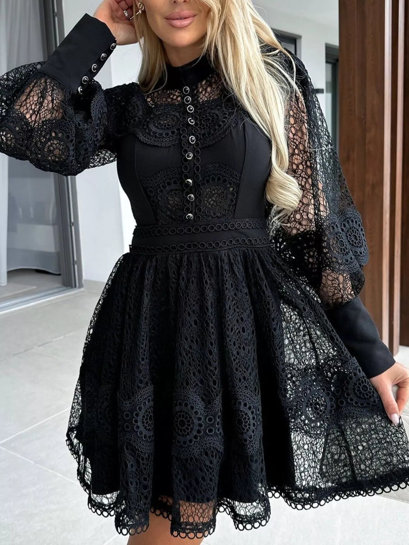 Lace Lantern Sleeve Mini Dress 