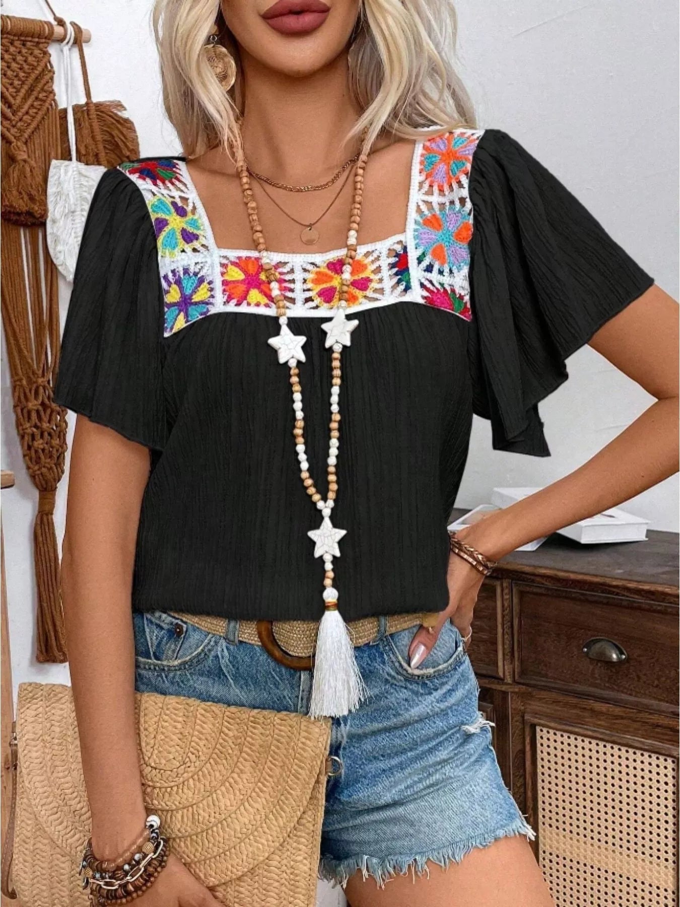 Embroidered Square Neck Flutter Sleeve Blouse 