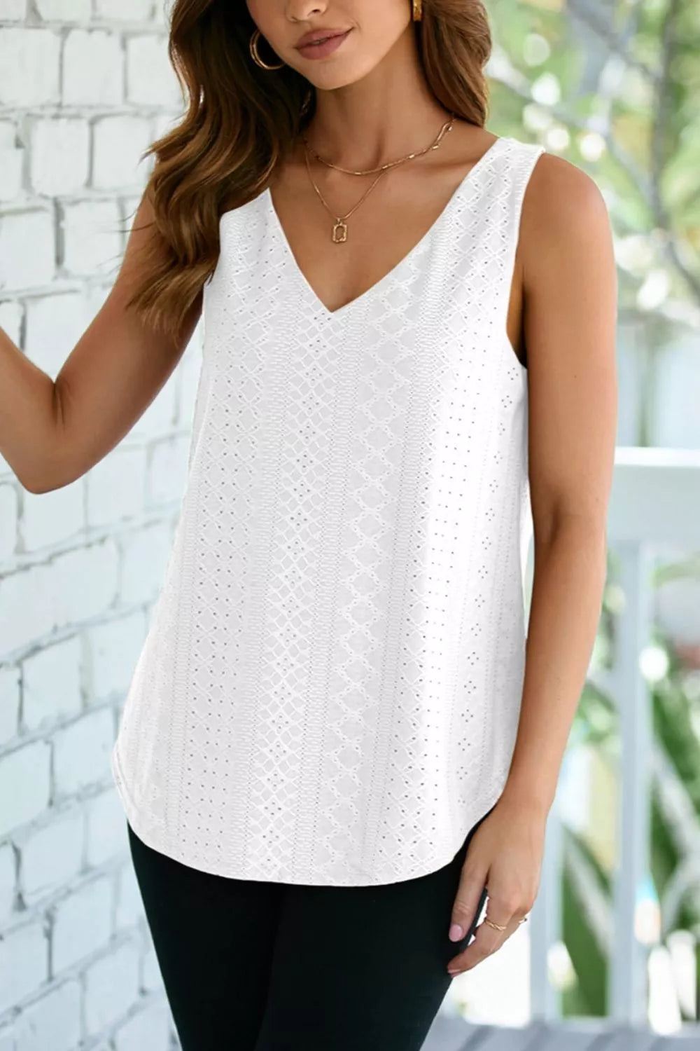 Eyelet Knit Patterned Loose V Neck Tank Top 