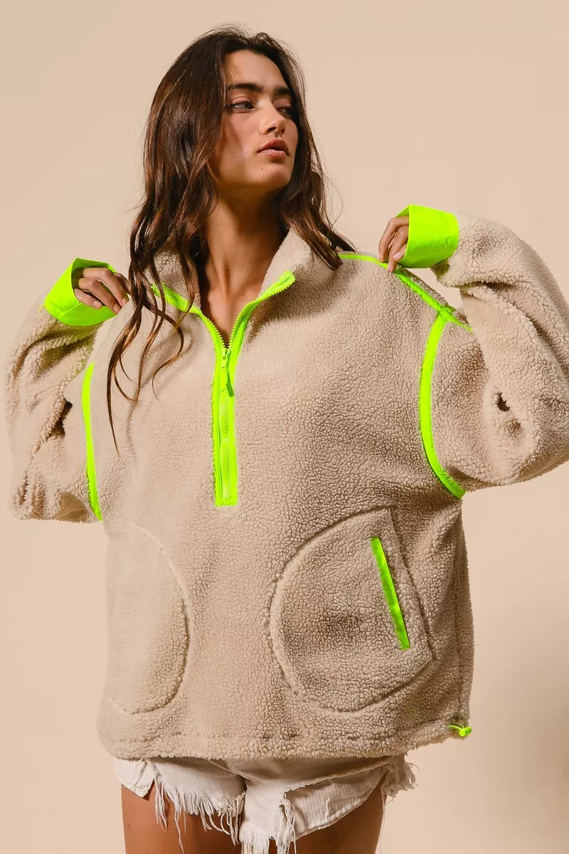BiBi Contrast Edge Half Zip Up Sherpa Jacket 