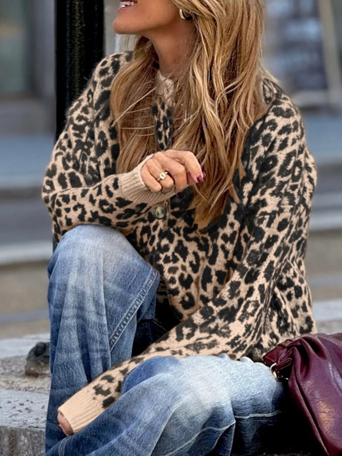 Leopard Drop Shoulder Chunky Knitted Cardigan 