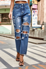Distressed High Waist Straight Jeans 