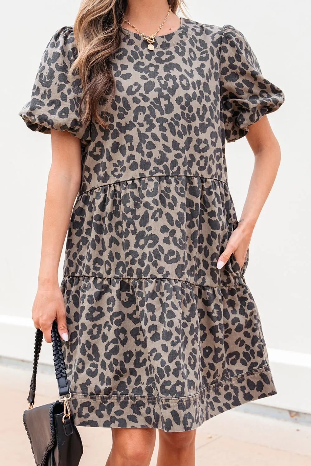 Leopard Round Neck Puff Sleeve Denim Dress 