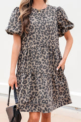 Leopard Round Neck Puff Sleeve Denim Dress 