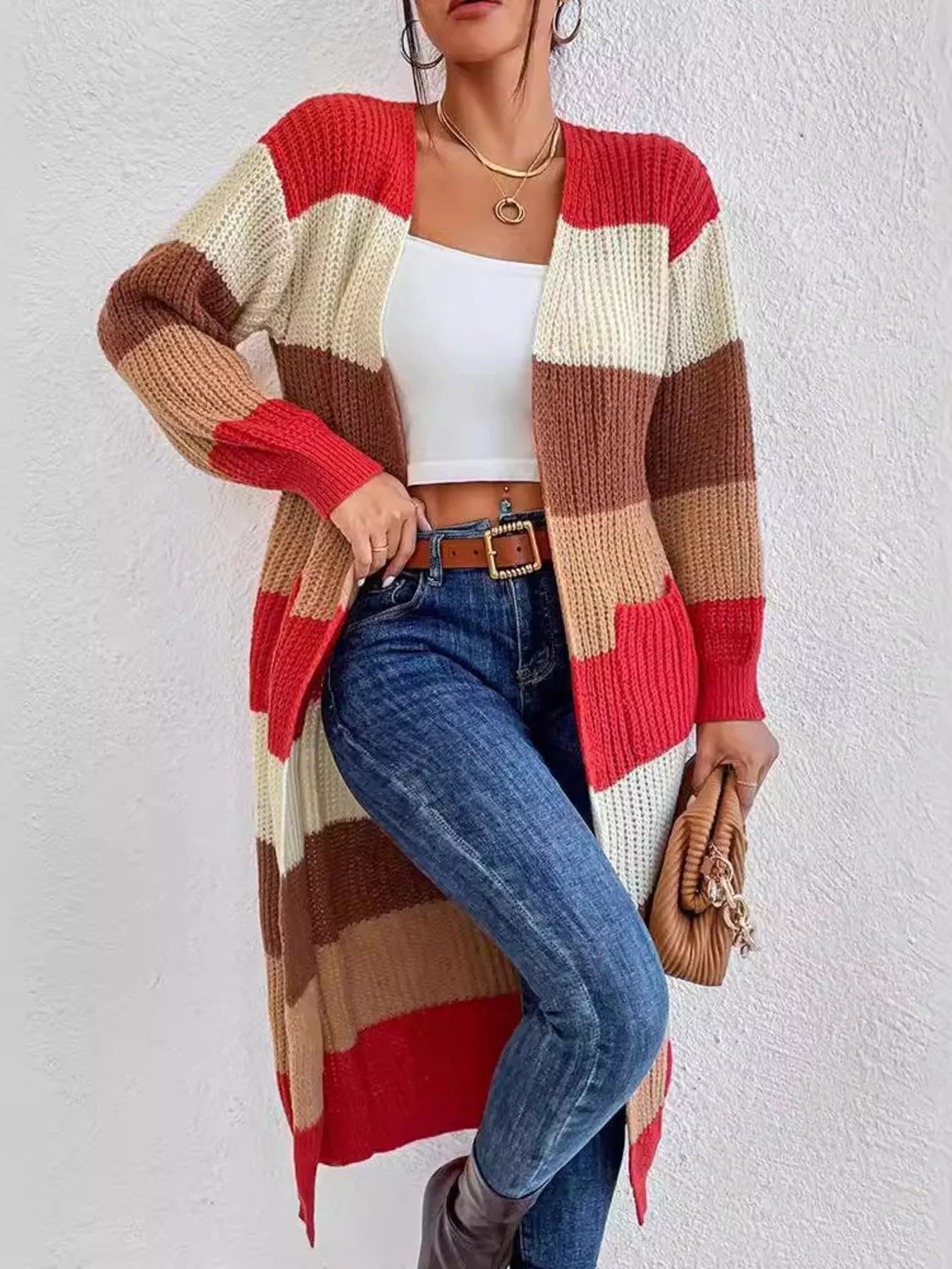 Striped Color Block Open Front Knit Cardigan 
