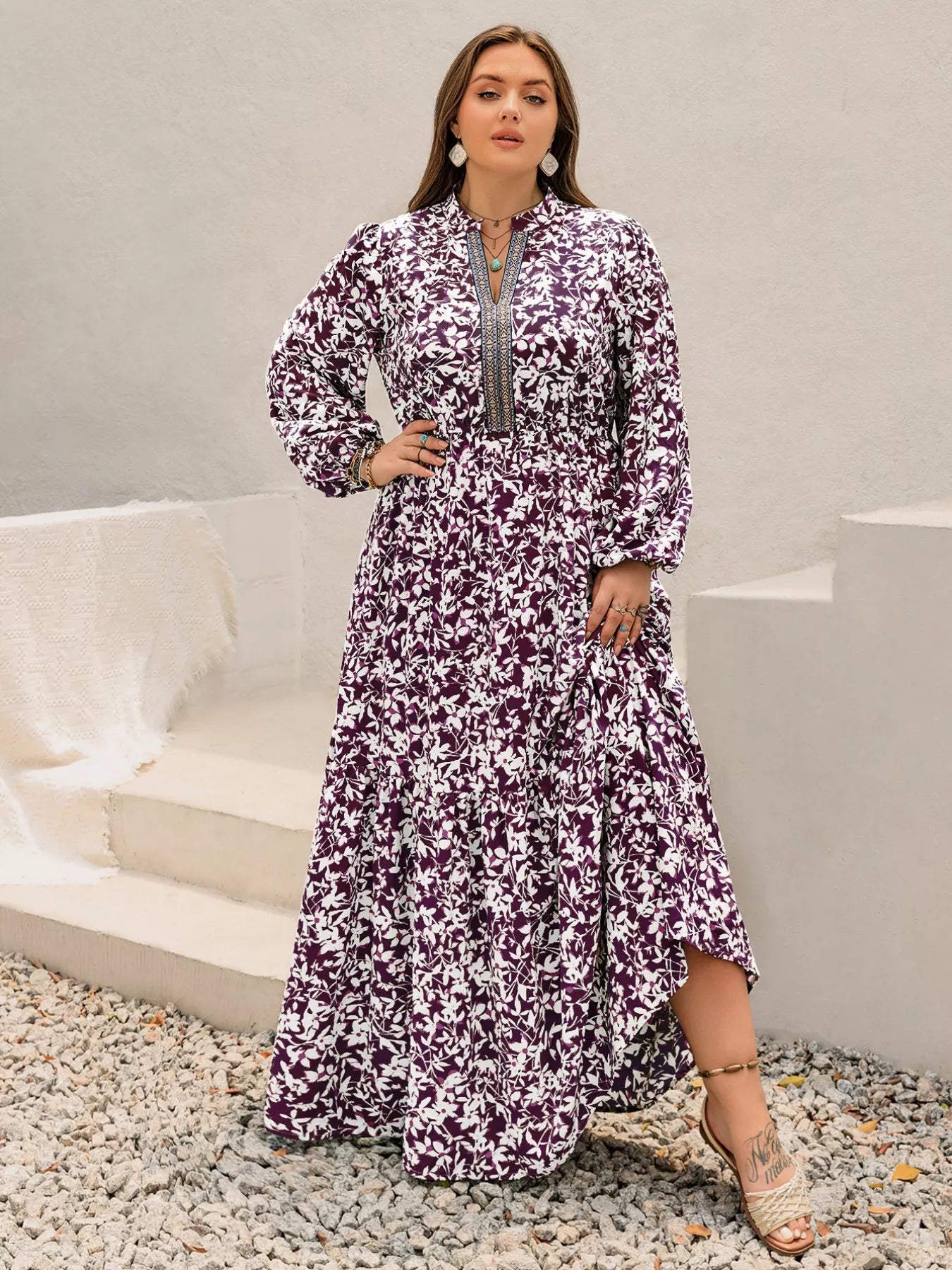 Plus Size Floral Print Maxi Dress with Long Sleeves 