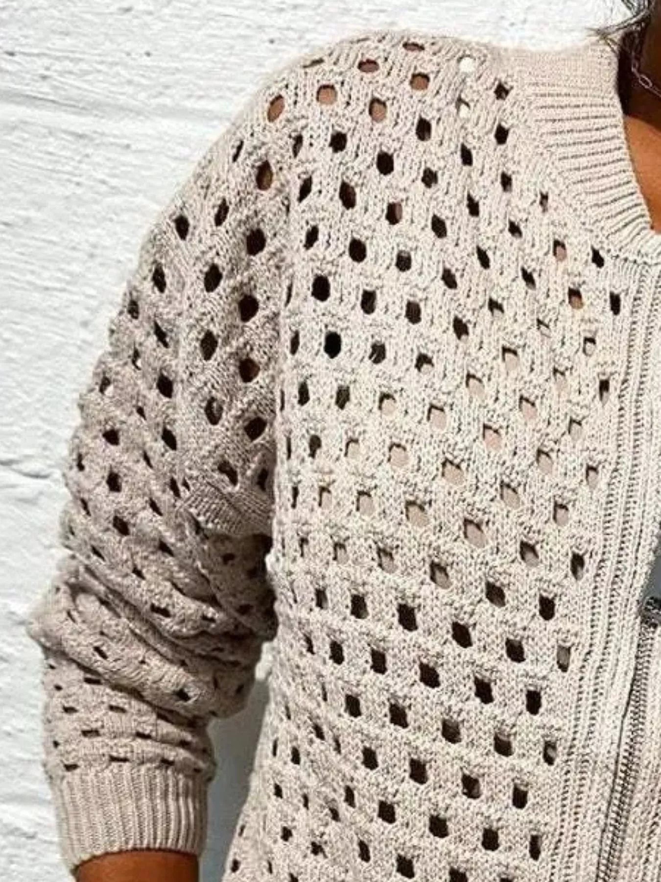 Full Size Zip Up Long Sleeve Cardigan with Eyelet Detail Plus Size 