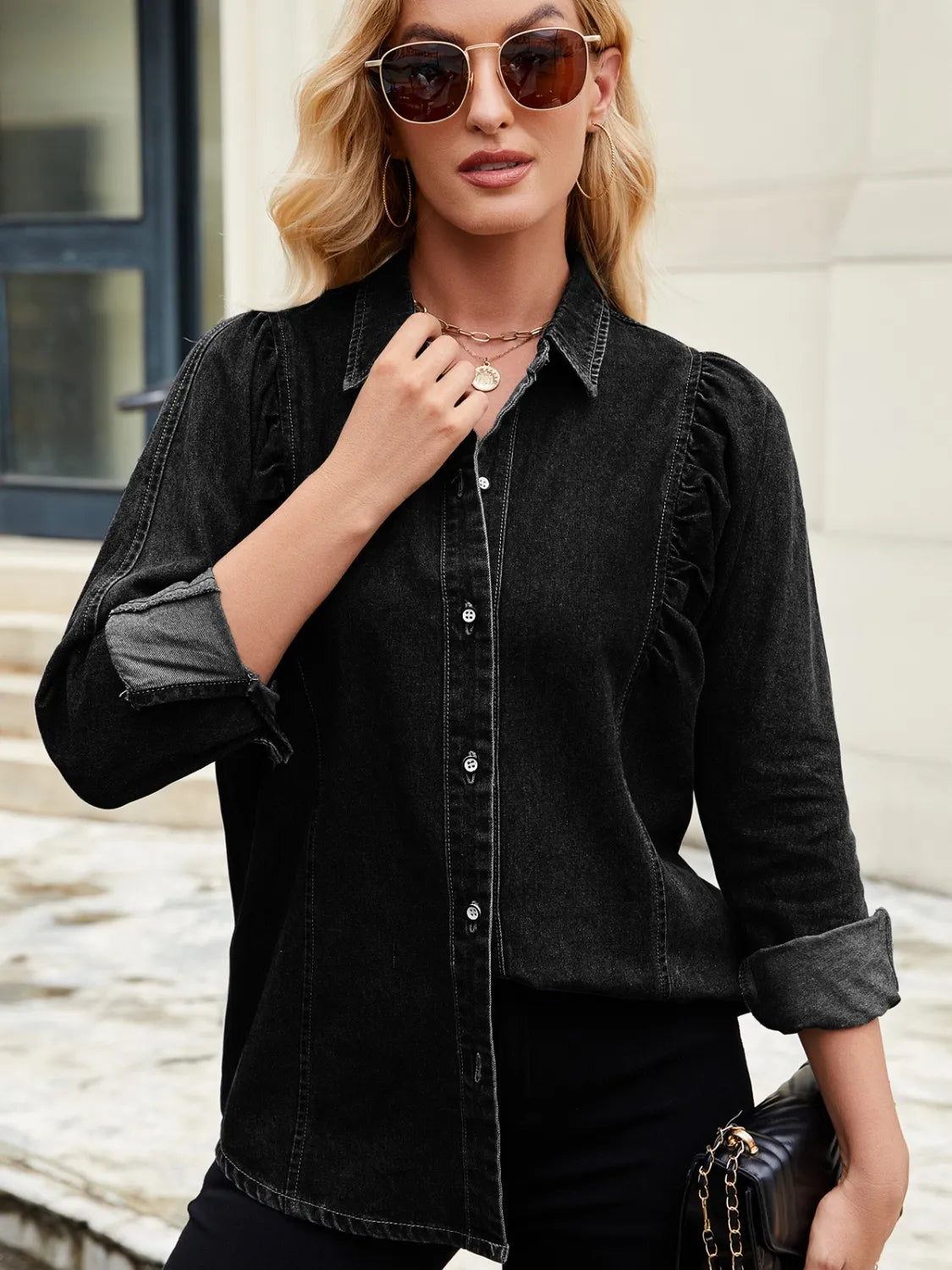 Button Down Collared Neck Denim Shirt 