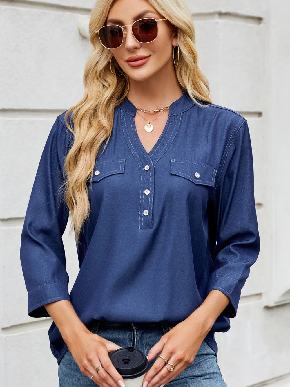 Notched Three-Quarter Sleeve Denim Top 