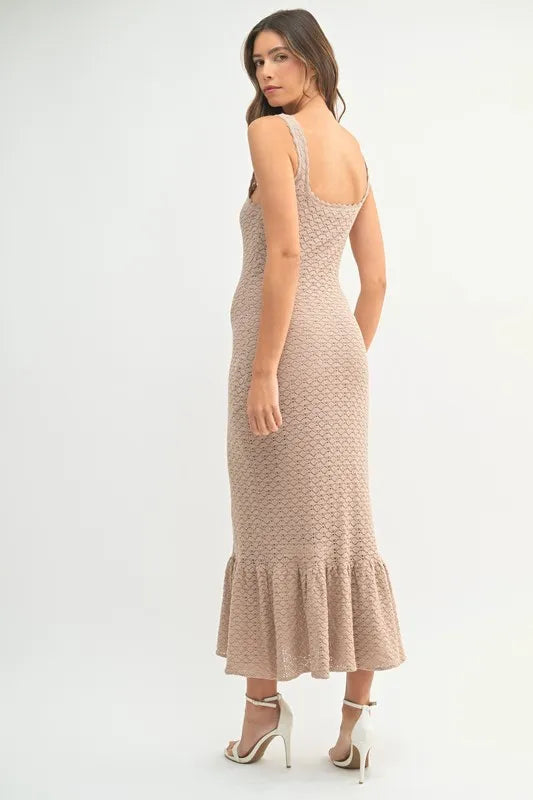 MABLE Ruffled Hem Sleeveless Crochet Knit Midi Dress 