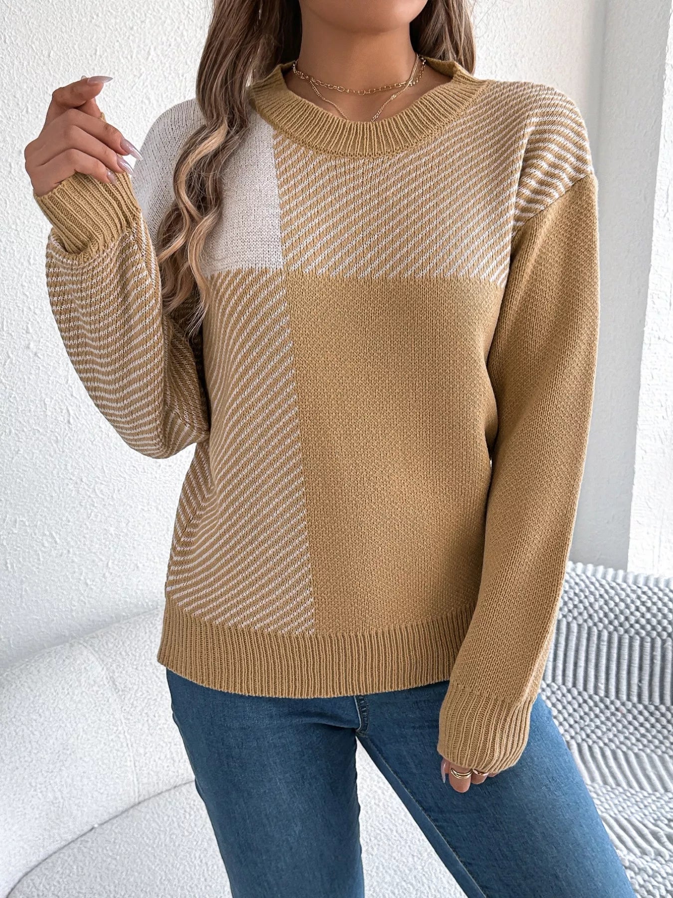 Color Block Striped Round Neck Sweater 