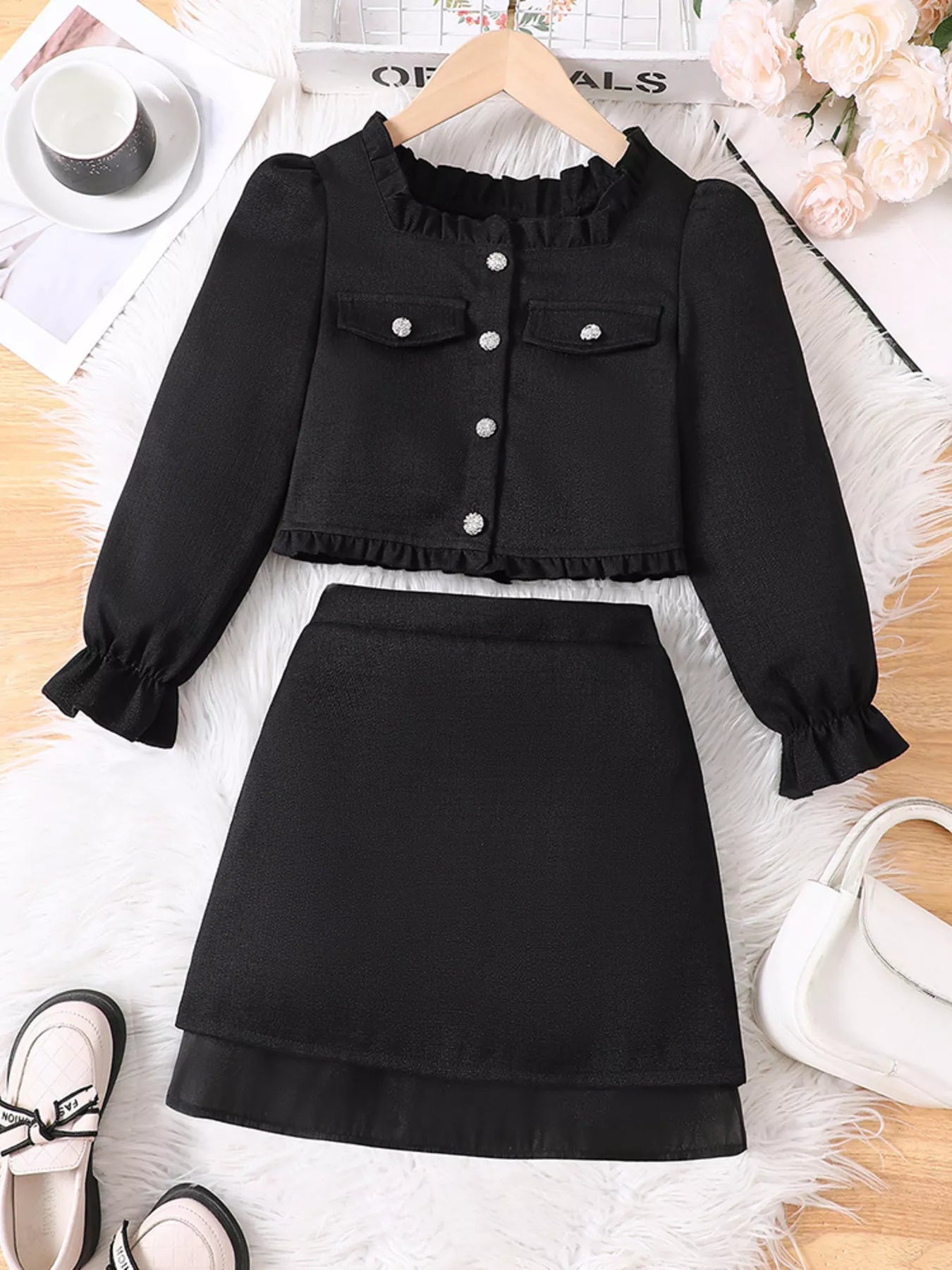 Children's Ruffle Trim Top and Skirt Two-Piece Outfit Set 
