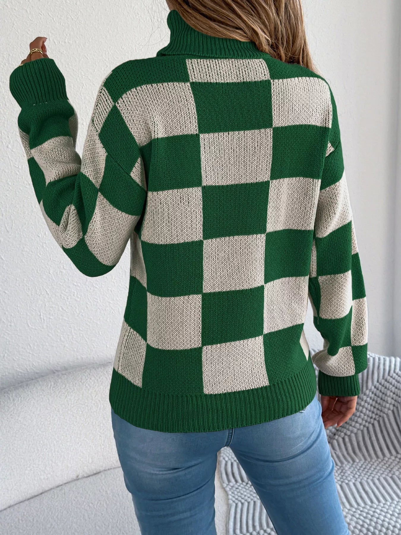 Checkered Turtleneck Long Sleeve Sweater 