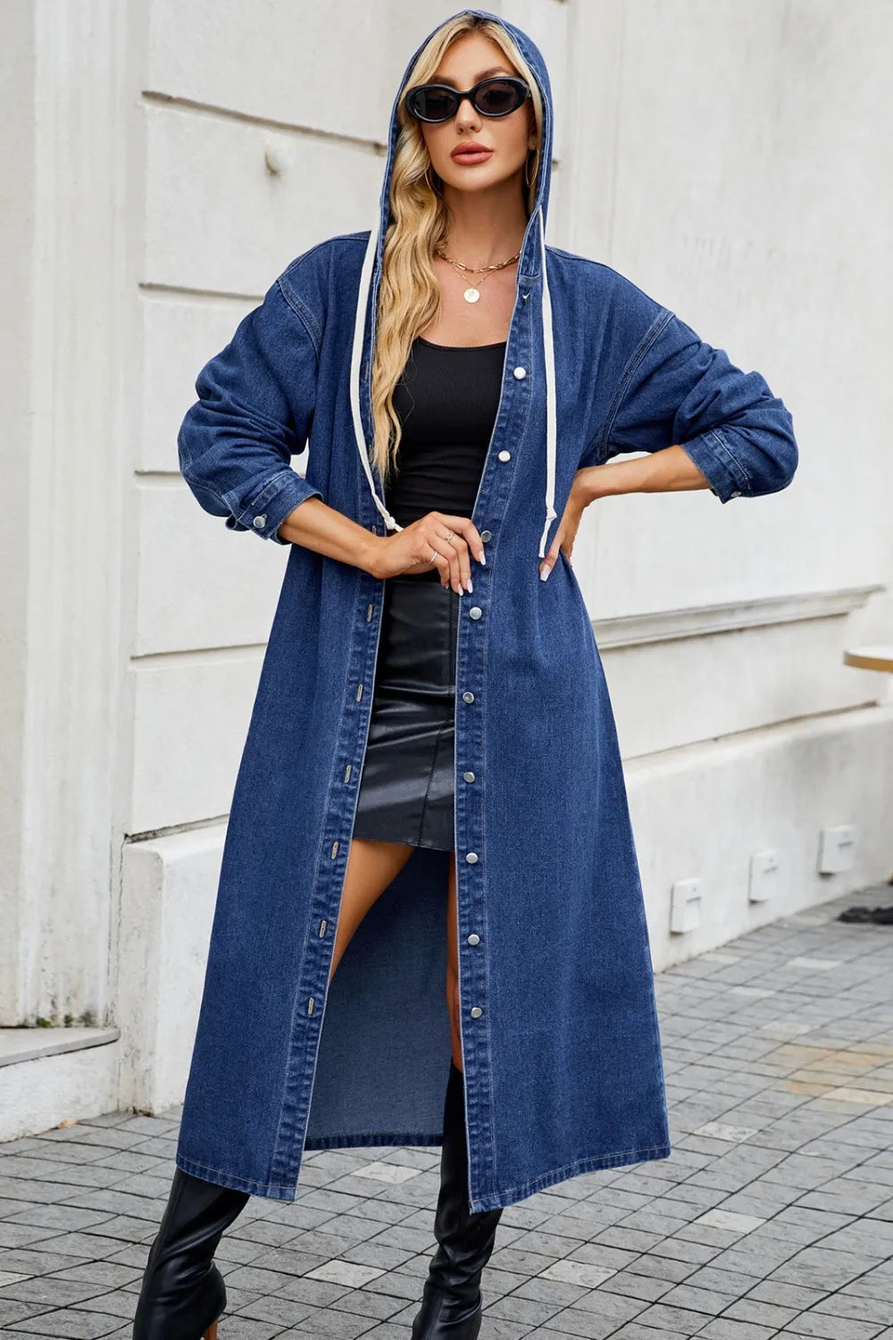 Button Up Long Sleeve Longline Hooded Denim Outerwear 