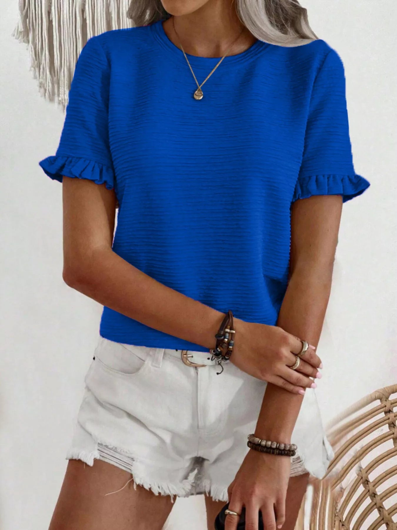 Textured Ruffle Sleeve Round Neck T-Shirt 
