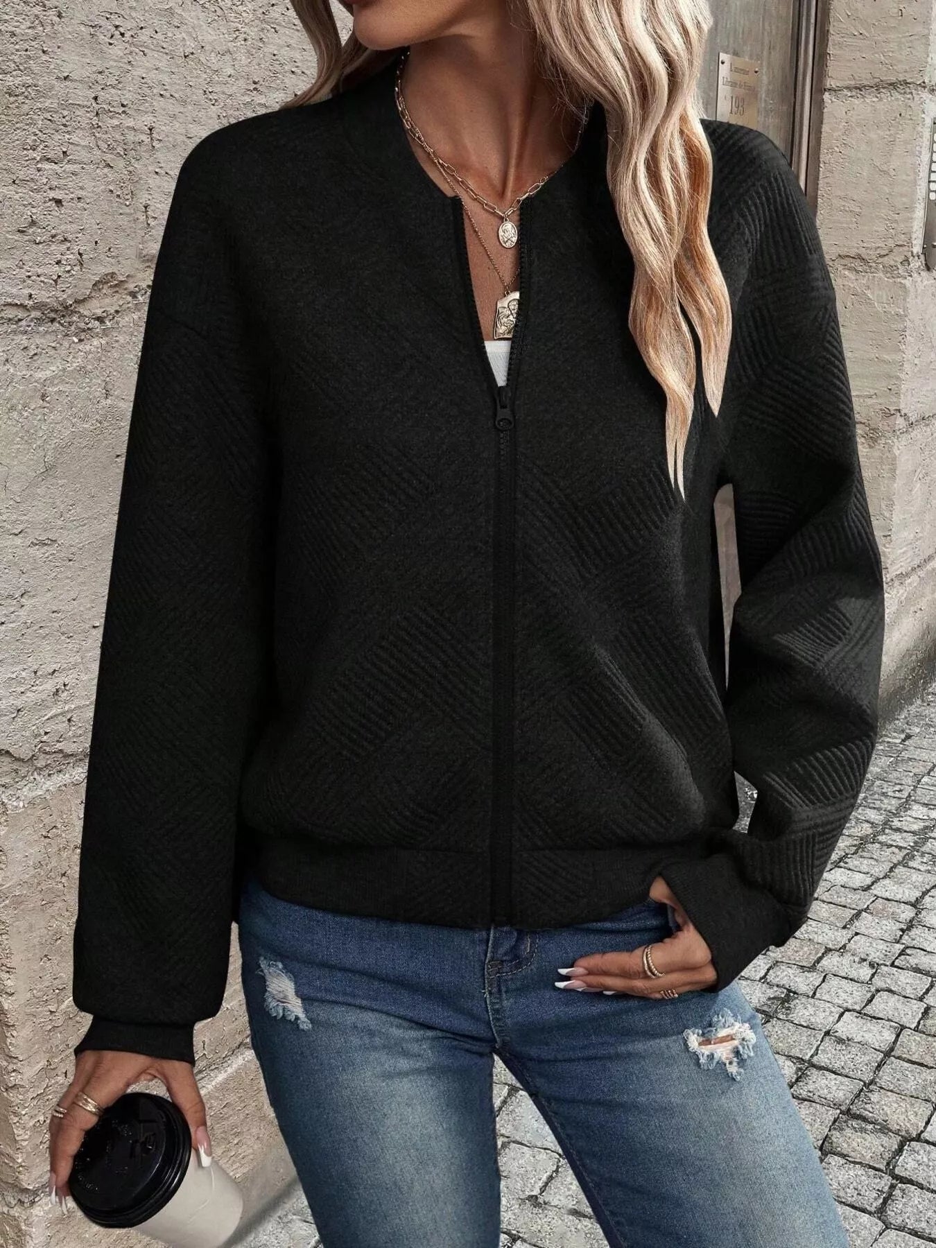 Full Size Zip Up Long Sleeve Textured Jacket Plus Size 