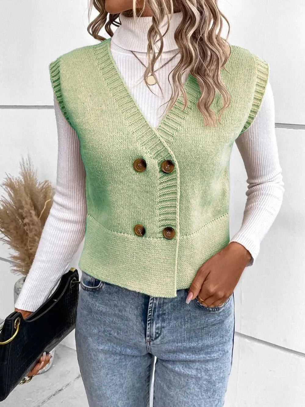 Full Size Button Up V-Neck Sweater Vest 