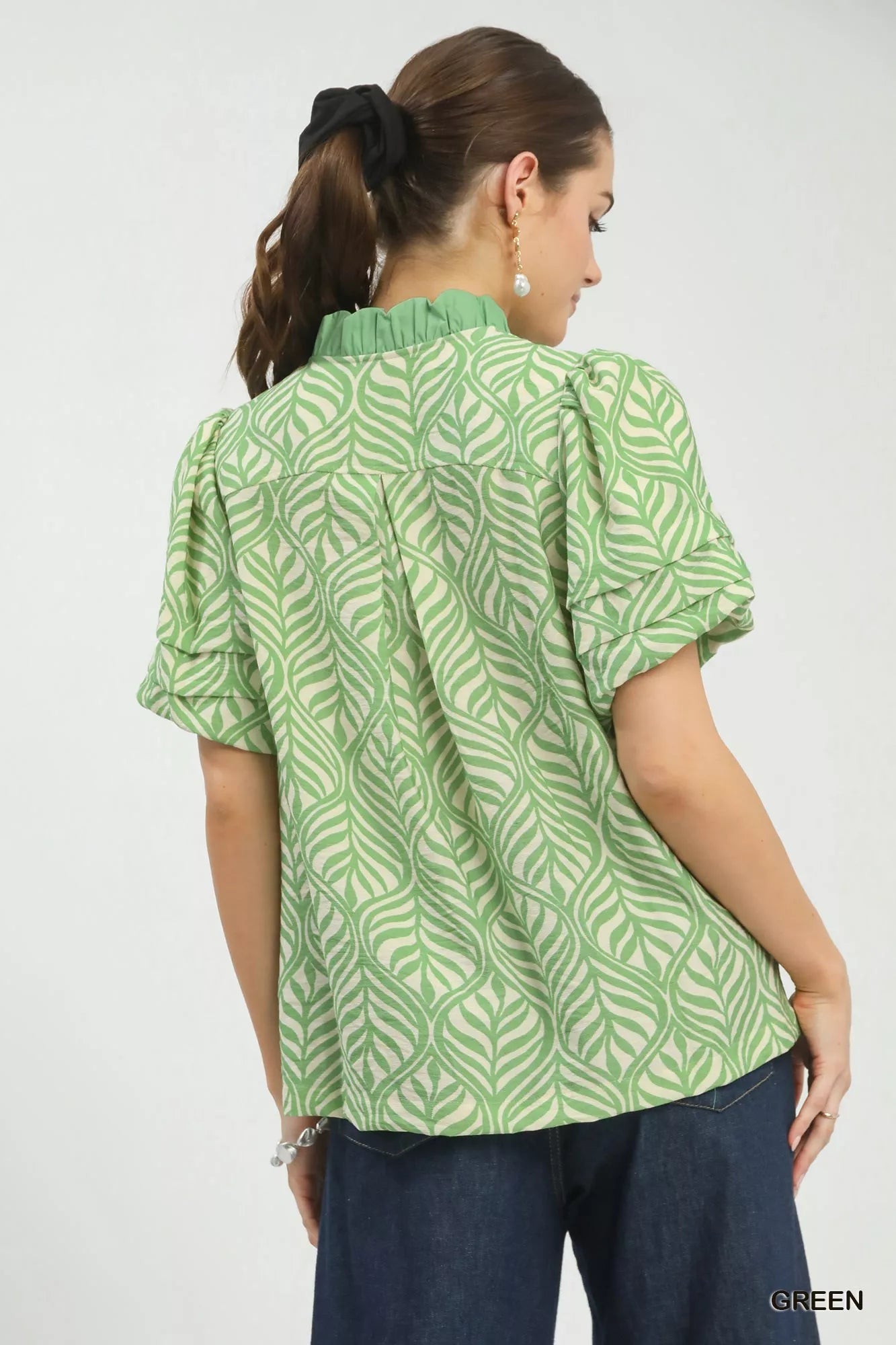 Umgee Printed Puff Sleeve Ruffle Neck Top 