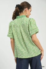 Umgee Printed Puff Sleeve Ruffle Neck Top 