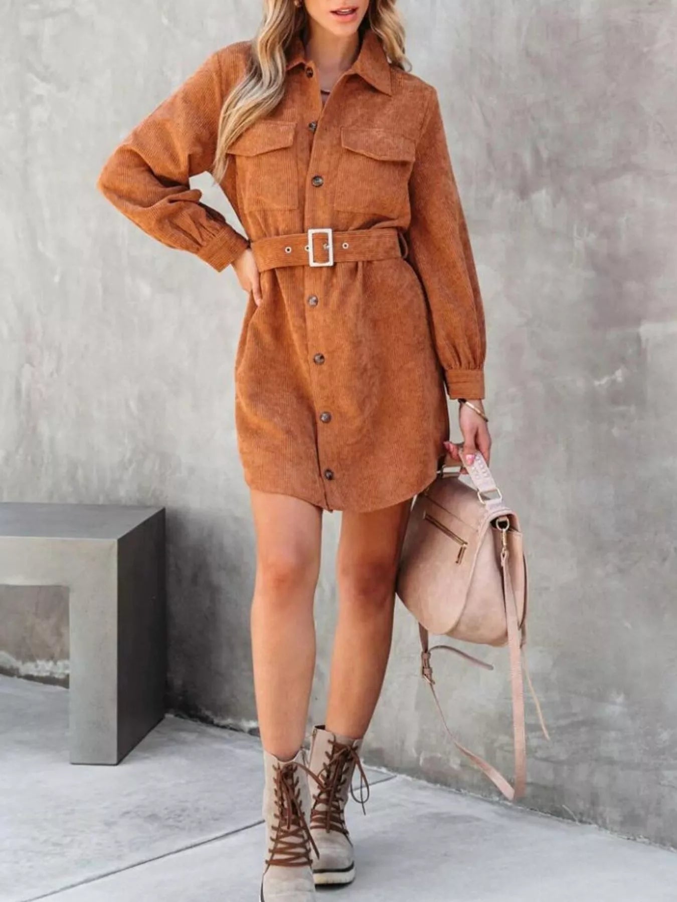 Button Front Belt Long Sleeve Corduroy Dress 