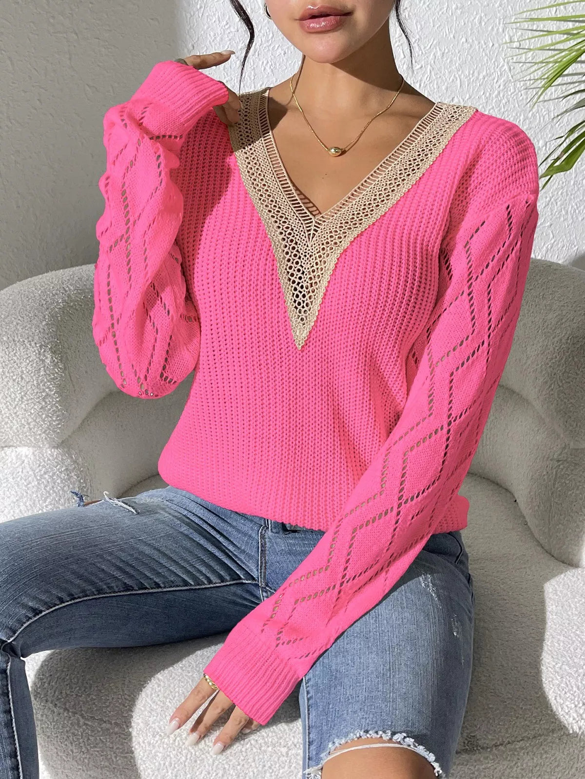 V-Neck Hollow Knit Sweater 
