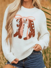 Embroidered Bow Boots Graphic Drop Shoulder Sweater 