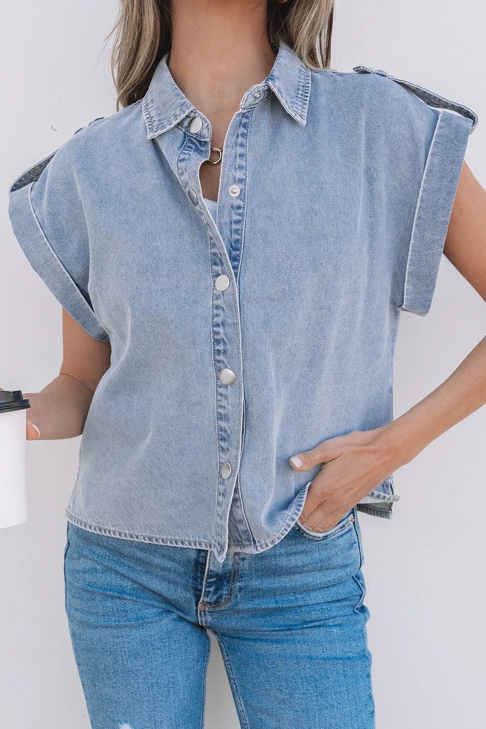 Snap Down Cap Sleeve Denim Top 