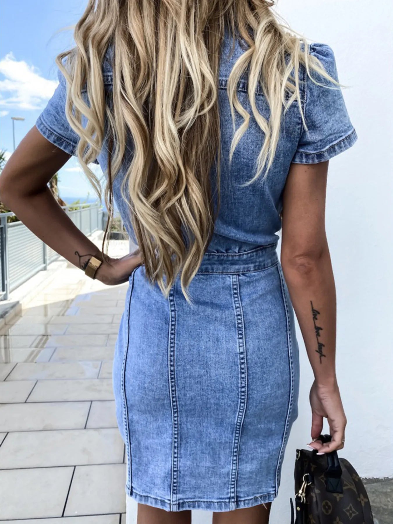 Button Front Short Sleeve Denim Dress 
