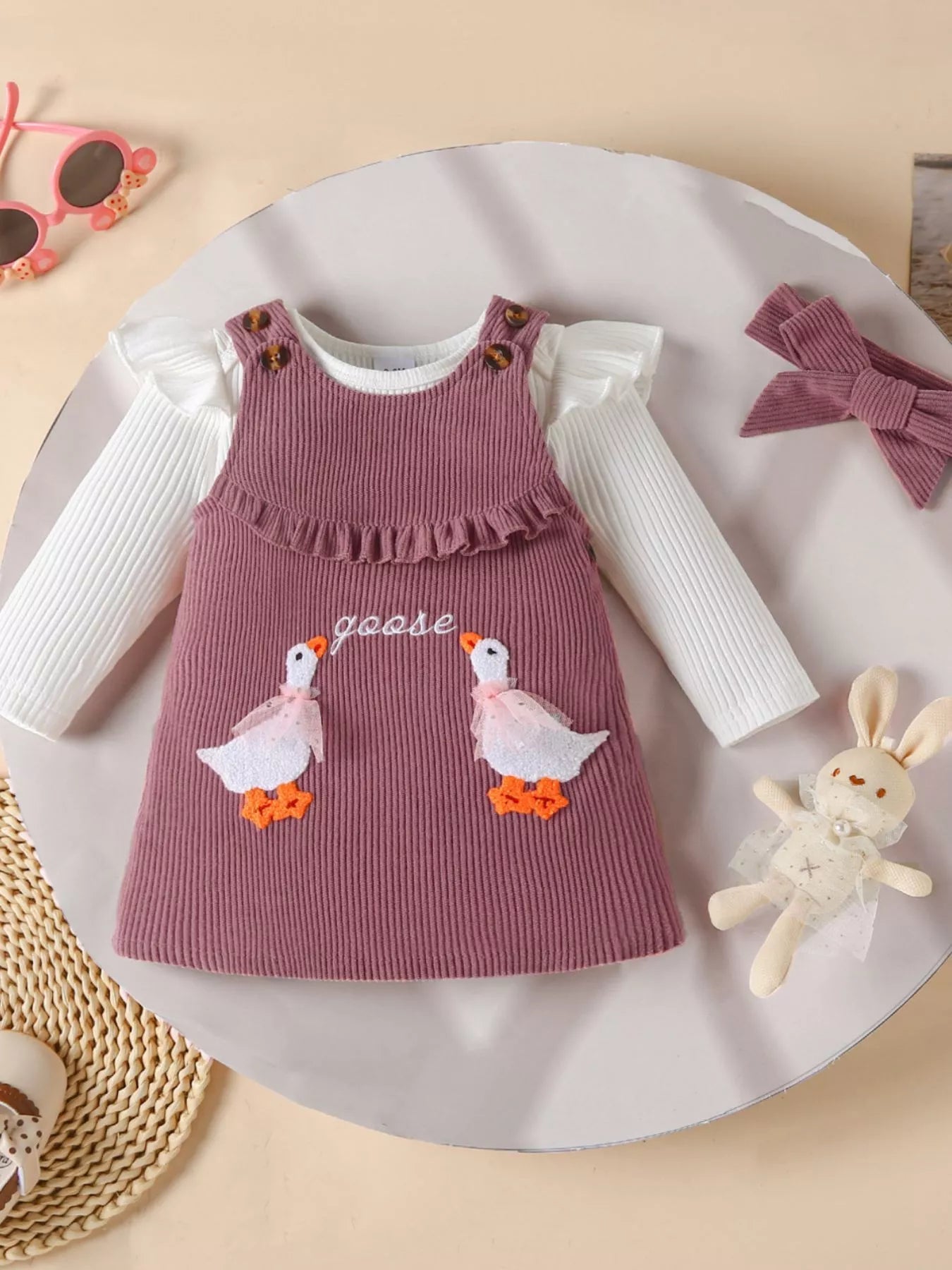 Children's Ruffled Trim Bodysuit and Dress Set with Headband 