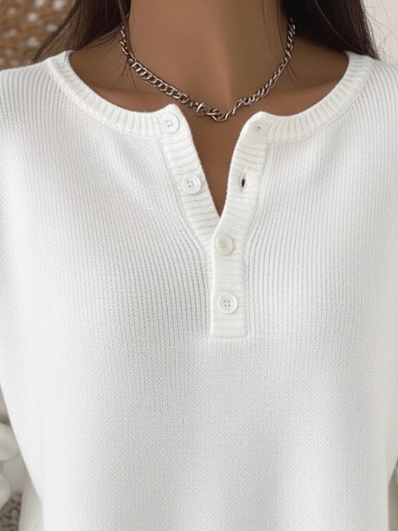 Full Size Half Button Long Sleeve Knit Top Plus Size 