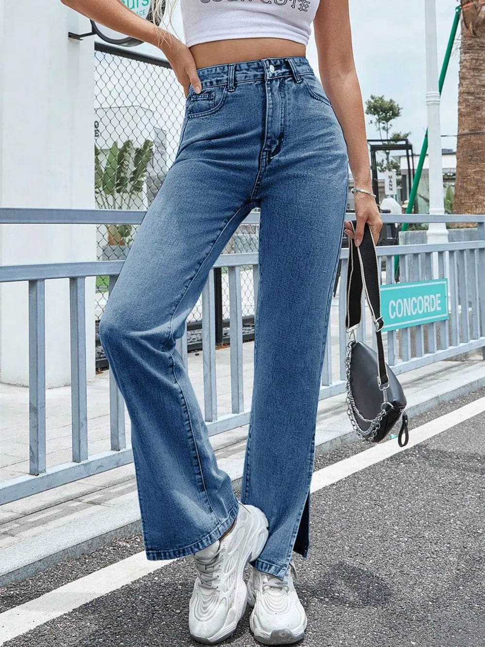 Slit High Waist Jeans with Pockets 