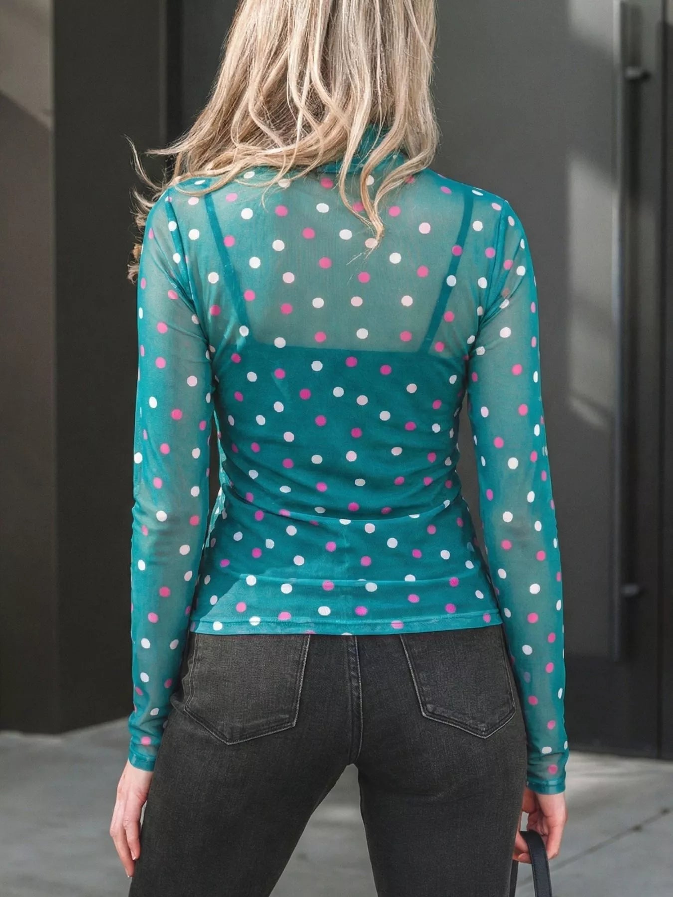 Polka Dot Patterned Bodycon Mock Neck Mesh Long Sleeve Top 