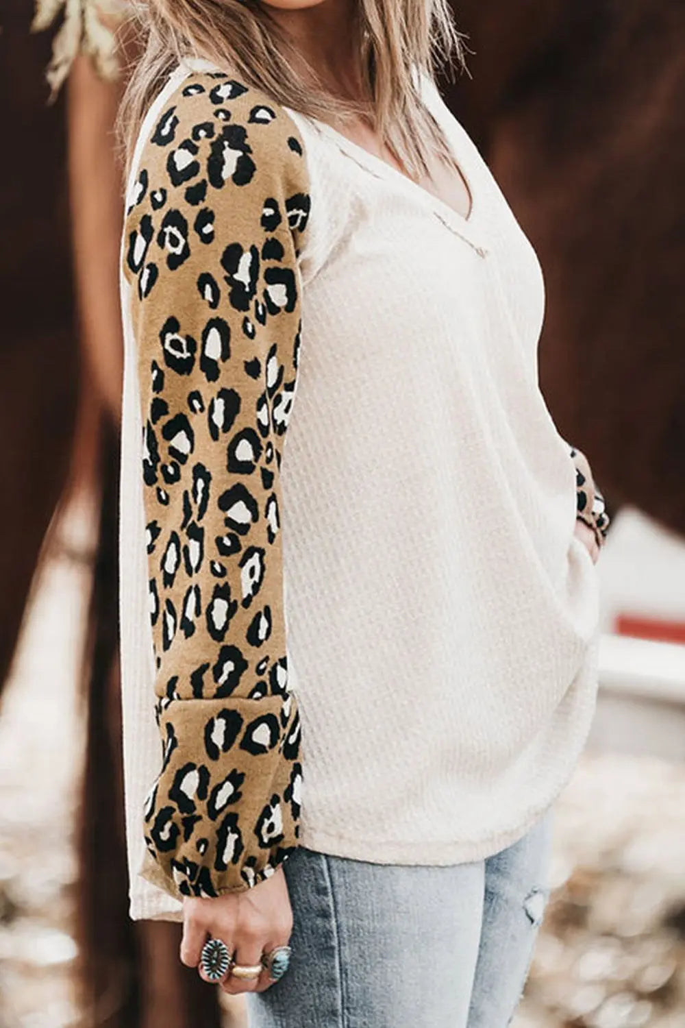 Plus Size Leopard V-Neck Raglan Sleeve Blouse 