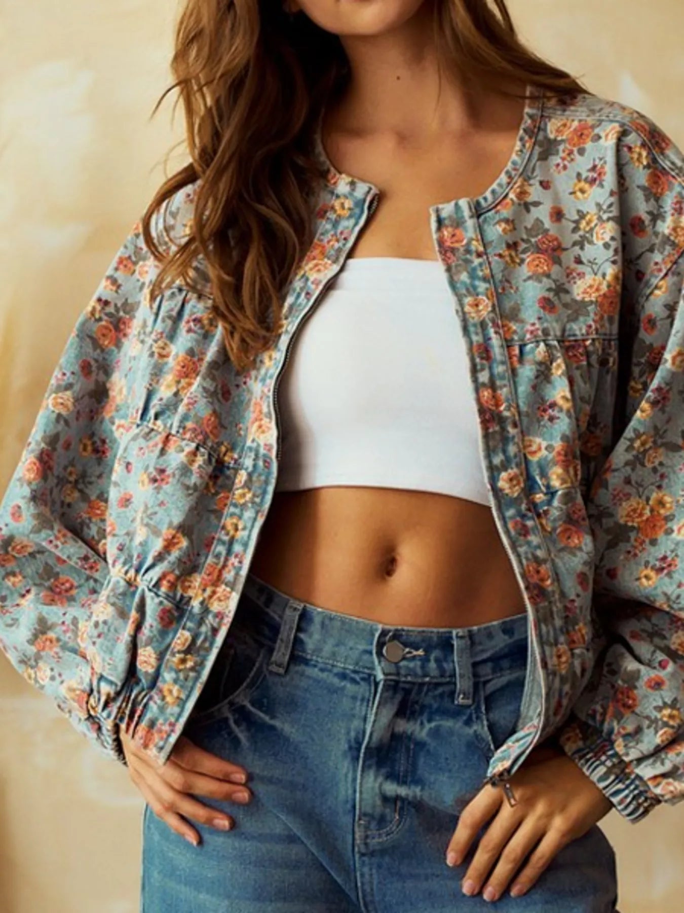 Floral Print Zip Up Cropped Denim Jacket 